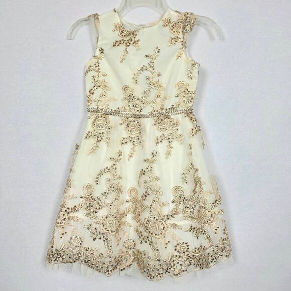 Rare Editions Girls Dress Size 8 Ivory Gold Sequin Lace Tulle Party Dress Rhines - Picture 1 of 12
